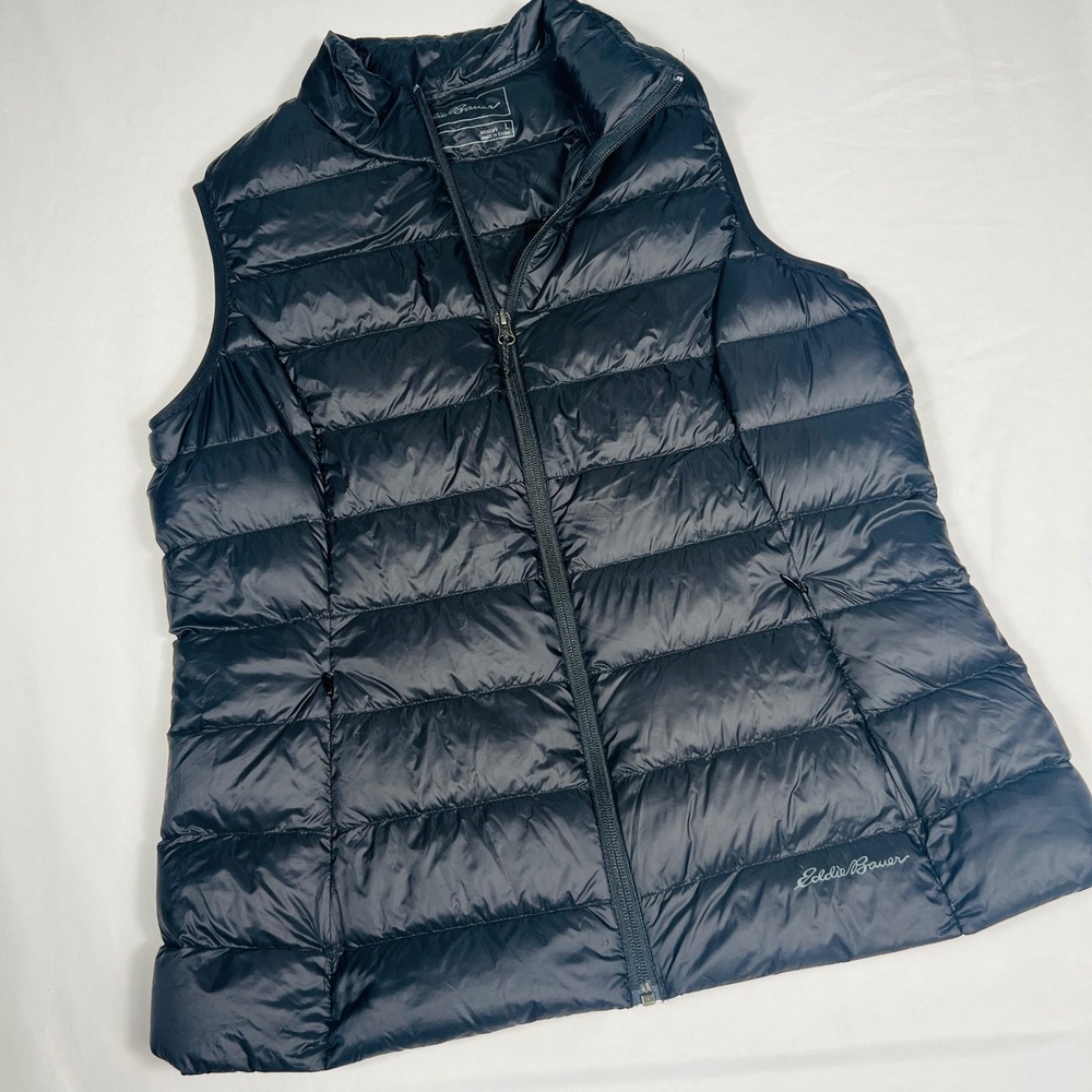 Eddie Bauer EB650 Down Puffer Vest Womens Large Black Full Zip Sleeveless Jacket